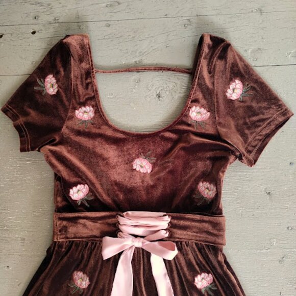 HONEY BELLE | Copper Brown Velvet Floral Fit And Flare Scoop Neck Corset Dress L - Picture 14 of 16